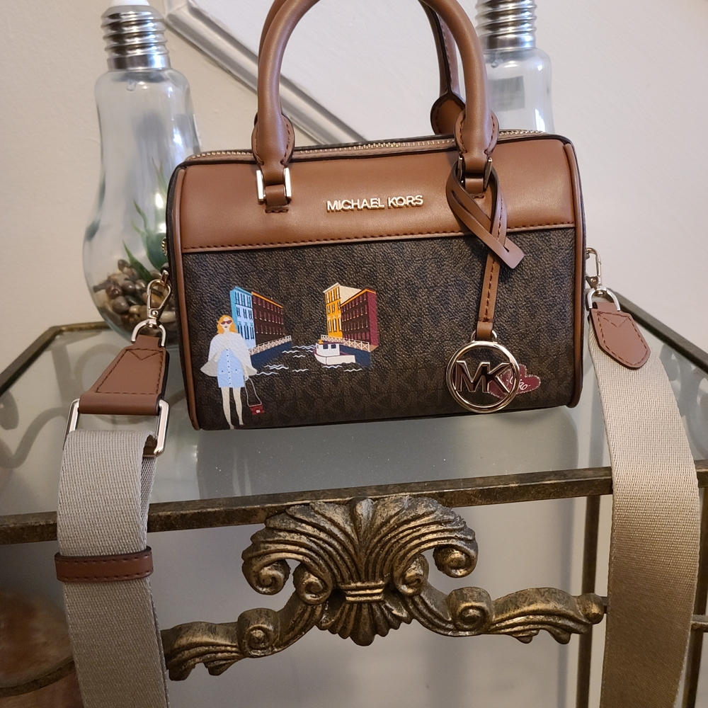 Michael Kors Brown and Tan Logo Satchel with City Print